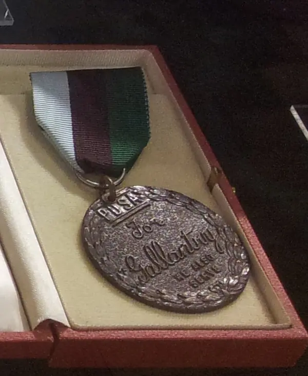 A PDSA Dickin Medal, the one awarded to the pigeon Royal Blue, 2012 (not G.I. Joe’s) (cropped)