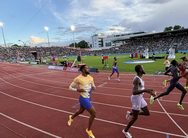 Gout Gout (in purple) in the home straight of the men’s 200 m at the Bislett Games, Oslo, June 10, 2026 (not a record race)