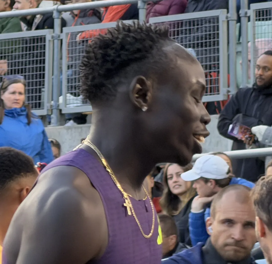 Gout Gout smiling in the interview zone at the Bislett Games, Oslo, June 10, 2026 (not after a record)