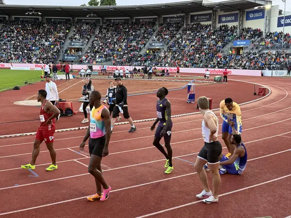 Gout Gout (in purple) walking on the track after the men’s 200 m at the Bislett Games, Oslo, June 10, 2026 (not a record race)