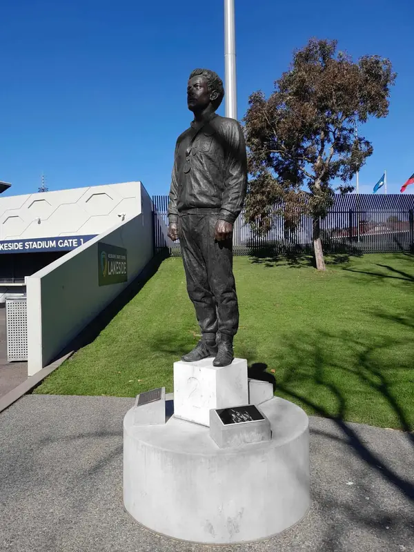 Peter Norman’s bronze statue at Lakeside Stadium, Melbourne, photographed August 12, 2024