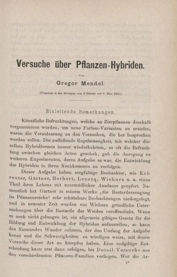 The first page of Versuche über Pflanzen-Hybriden, Brünn, 1866 (cropped)