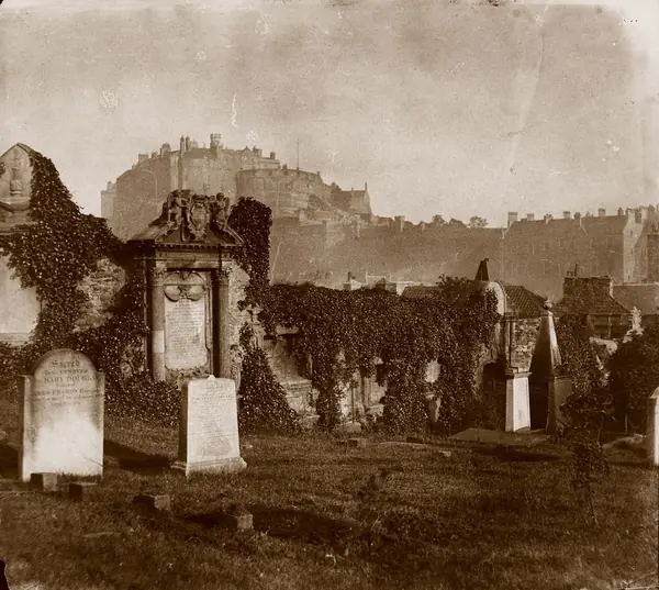 Edinburgh Castle from Greyfriars churchyard, photographed by Thomas Keith, 1850s