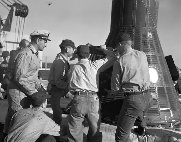The Mercury-Redstone 2 capsule on the deck of USS Donner, January 31, 1961