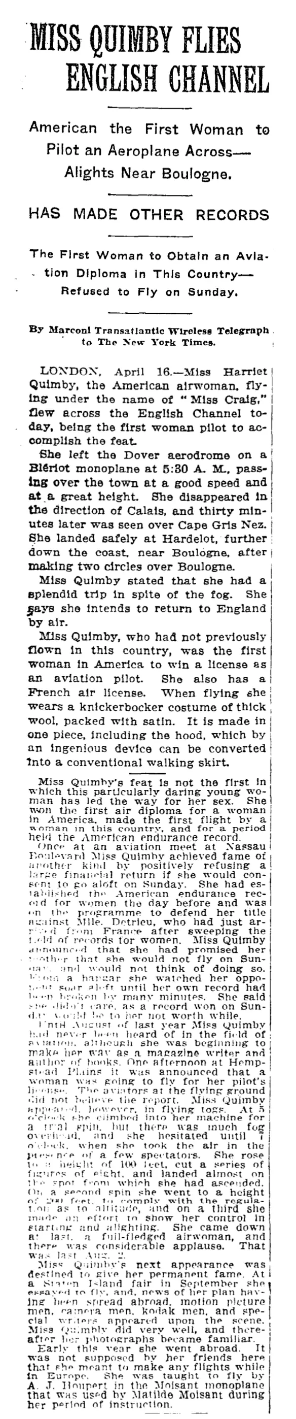 “Miss Quimby Flies English Channel,” The New York Times, April 17, 1912