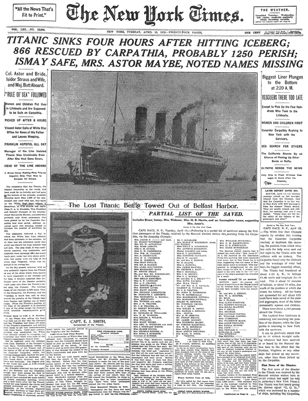 The New York Times front page, April 16, 1912: “Titanic Sinks Four Hours After Hitting Iceberg”
