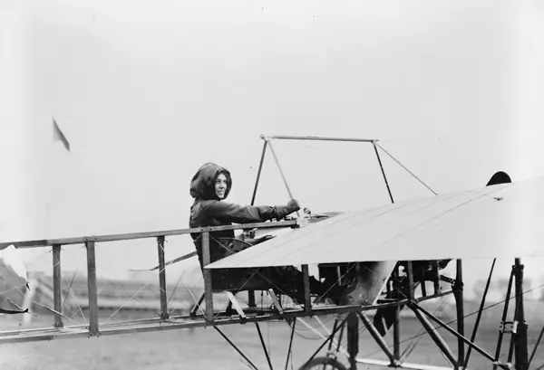 Harriet Quimby in the cockpit of her plane, 1911