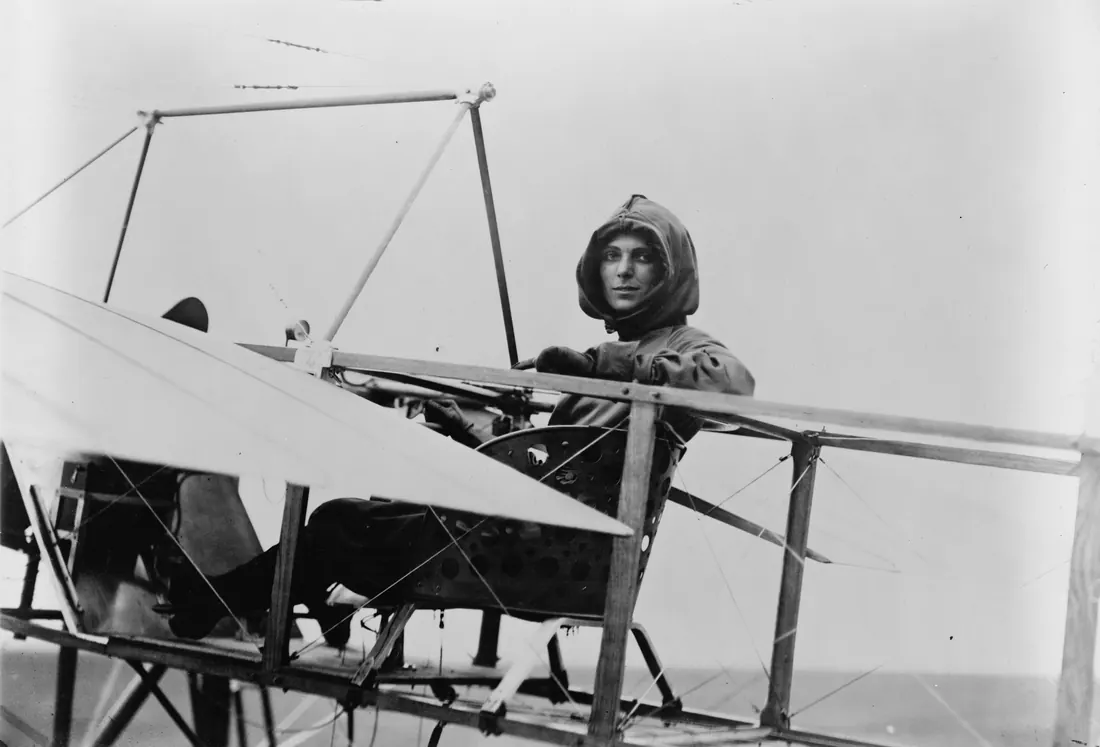 Harriet Quimby in the cockpit of her plane, 1911