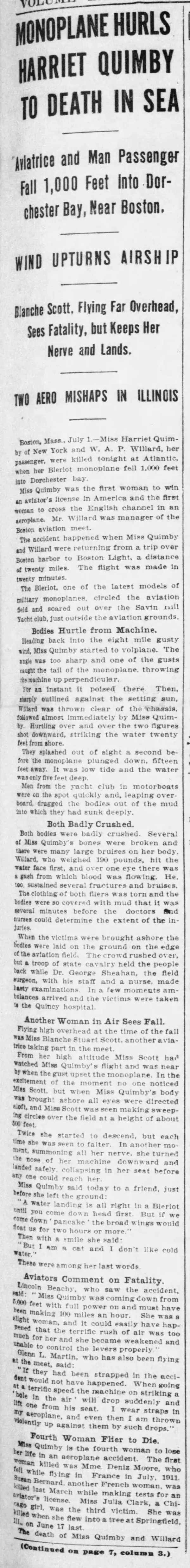 “Monoplane Hurls Harriet Quimby to Death in Sea,” Chicago Tribune, July 2, 1912