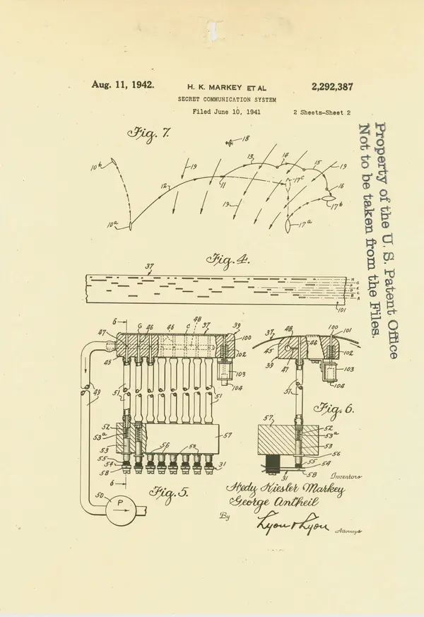 Patent Case File No. 2,292,387, Secret Communication System, Inventors Hedy Kiesler Markey and George Antheil - DPLA - 128f022cfd9421aa10de72958a7edf90 (page 7)