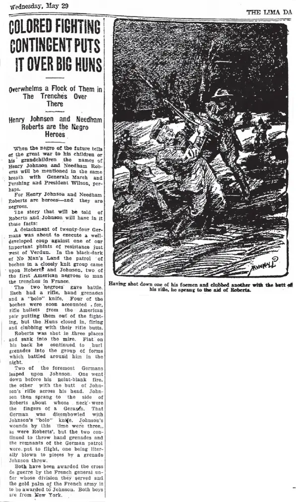 William Henry Johnson and Needham Roberts in the Lima News of Lima, Ohio on May 29, 1918