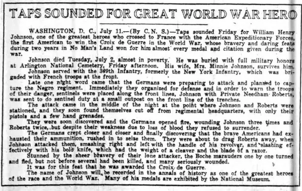 William Henry Johnson (1892-1929) obituary by the Catholic News Service agency in the Pittsburgh Courier on 13 July 1929