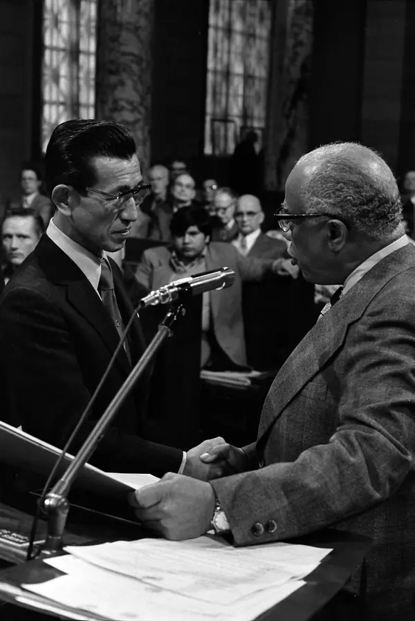 Hiroo Onoda with councilman Gilbert Lindsay