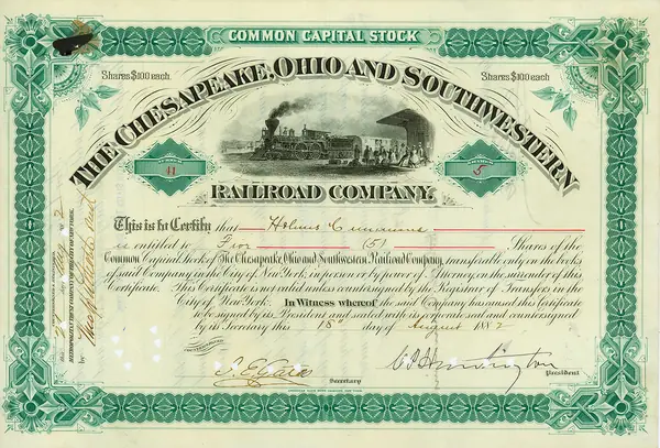 A Chesapeake, Ohio and Southwestern Railroad stock certificate, 1882 (not her train)