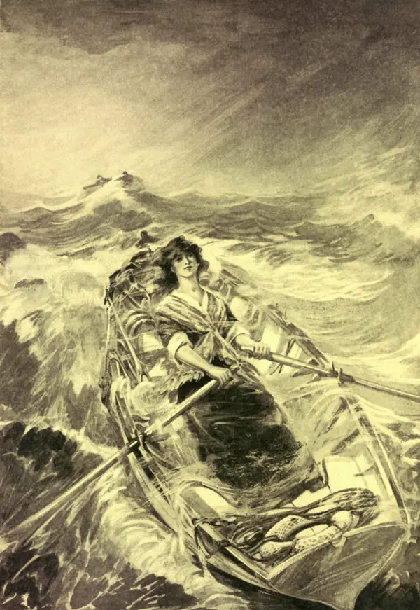 Ida Lewis rowing in a storm, illustration by George Alfred Williams in Ten American Girls from History, 1917 (not a record of the rescue)