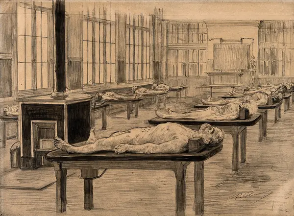 A dissecting room, a drawing by Paul Renouard, 1906 (not Vienna, not 1847)