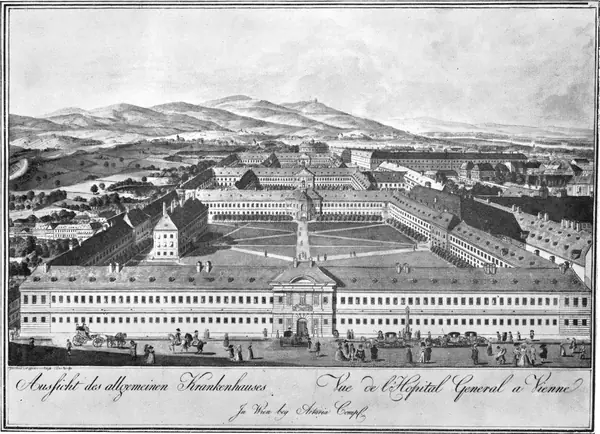 The Vienna General Hospital, an engraving by Josef and Peter Schaffer, 1784 (not the 1847 wards)