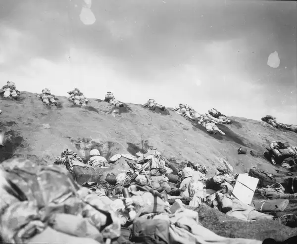 Marines of the 5th Division, Hayes’s division, on Red Beach No. 1, Iwo Jima, on D-day, February 19, 1945 (Hayes isn’t shown)