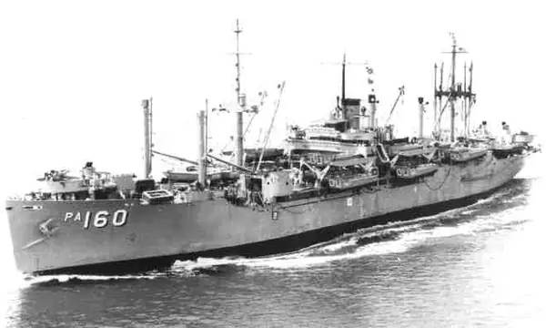 USS Deuel (APA-160) underway at sea, in the 1950s