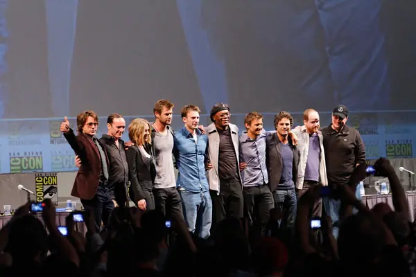 The Avengers cast on stage at San Diego Comic-Con, July 24, 2010; Jeremy Renner is seventh from left