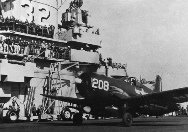A VF-32 F4U-4 Corsair about to launch from USS Leyte, about 1950 (his squadron’s type, not his plane)