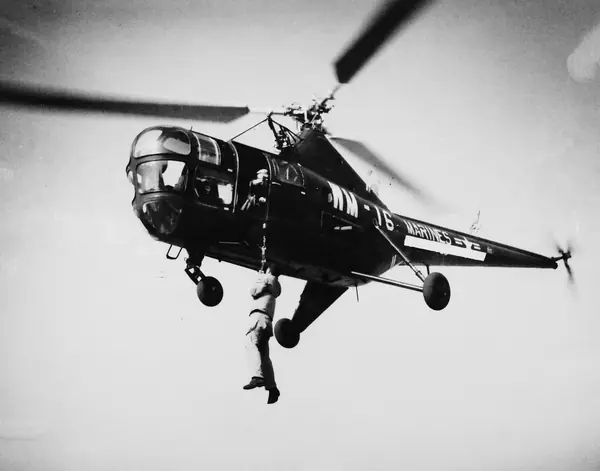 A Marine Sikorsky HO3S-1 over Korea, August 1950, the type Lt. Charles Ward flew (not his helicopter)
