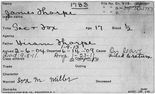 Student Information Card for Jim Thorpe - NARA - 595341
