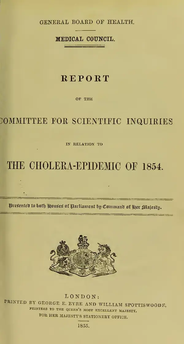 The title page of the General Board of Health’s report on the cholera epidemic of 1854, London, 1855