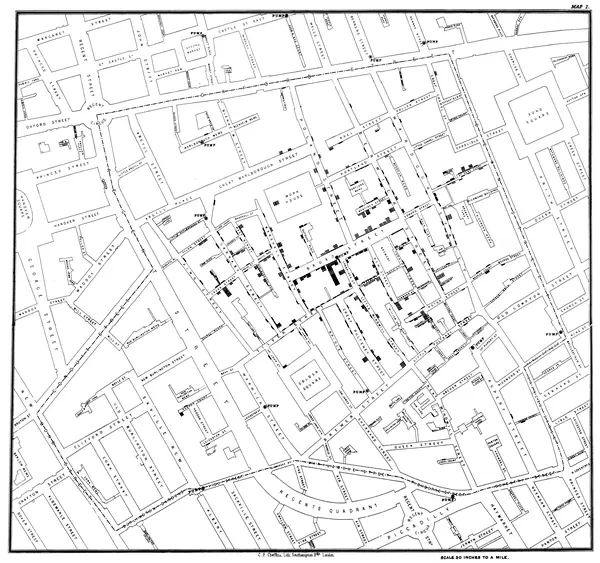 Snow’s map of the cholera deaths around the Broad Street pump, 1854, published in his book of 1855