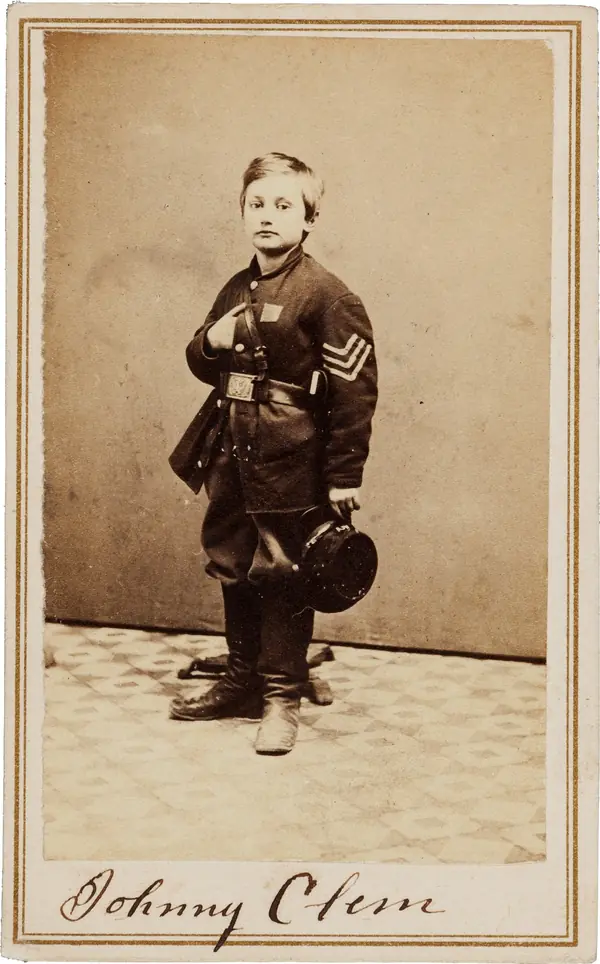 John Clem as a boy sergeant, on a carte de visite signed “Johnny Clem,” 1860s