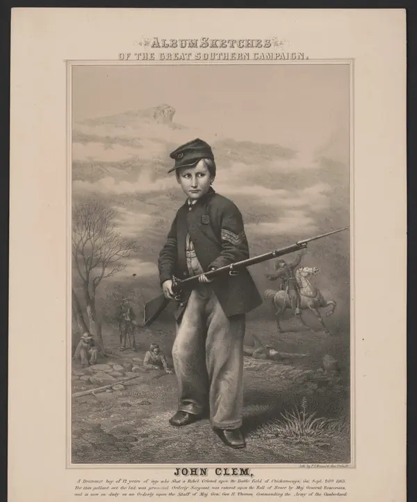 “John Clem, a drummer boy of 12 years of age who shot a Rebel colonel …,” an artist’s lithograph by P. S. Duval & Son, 1863–64