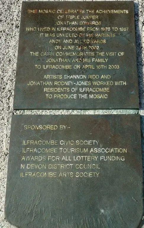 The bronze plaques beside the Ilfracombe mosaic that celebrates him, April 4, 2010 (cropped)
