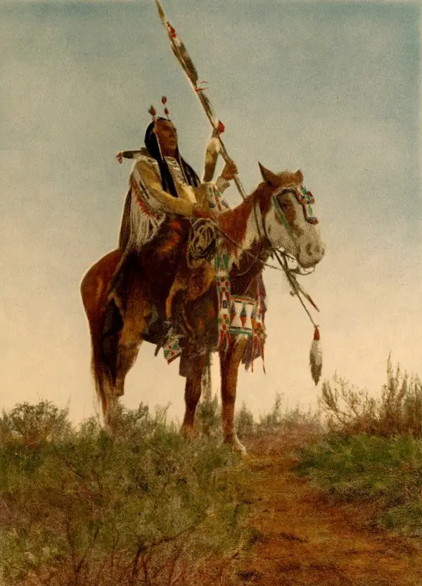 An Apsaroke (Crow) rider, by Edward S. Curtis, 1908, from The North American Indian (not Medicine Crow)