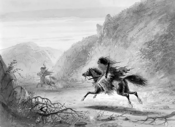 Snake Indian Pursuing “Crow” Horse Thief, by Alfred Jacob Miller, about 1858–60 (not Medicine Crow’s raid)