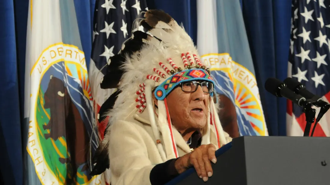 Joe Medicine Crow speaking at a US Department of the Interior event, about 2009