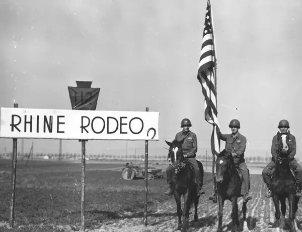 “Rhine Rodeo”: 28th Division infantrymen on horses at Karlick, Germany, March 25, 1945 (not Medicine Crow’s horses)