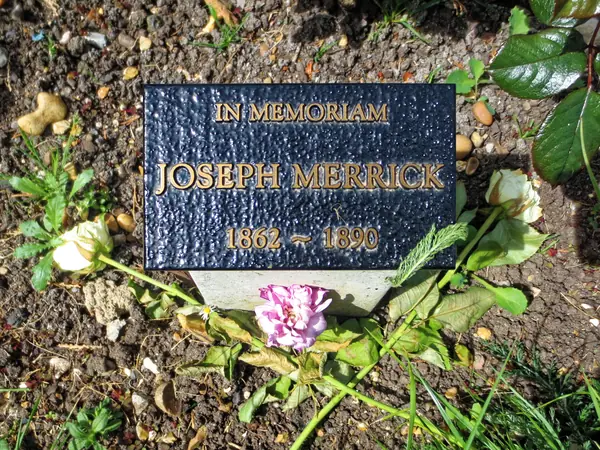 The memorial marker for Joseph Merrick in the City of London Cemetery, 2022