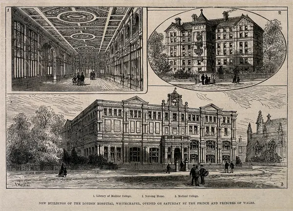 New buildings of the London Hospital, Whitechapel, opened by the Prince and Princess of Wales, wood engraving after F. Watkins, 1887 (not Merrick’s rooms)
