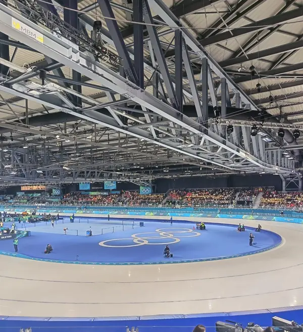 The Milano Speed Skating Stadium during the 2026 Olympics, a spectator’s photo (not the February 9 race)