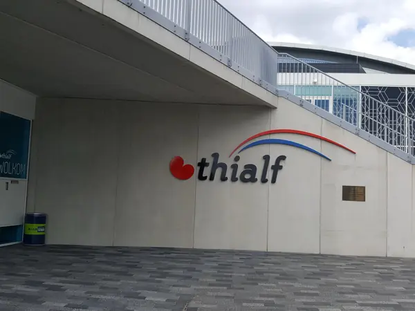 The Thialf name sign on the building, Heerenveen, June 22, 2019