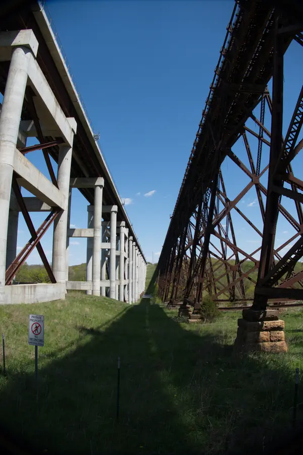The 2009 Kate Shelley Bridge (left) beside the 1901 Kate Shelley High Bridge (right), 2017