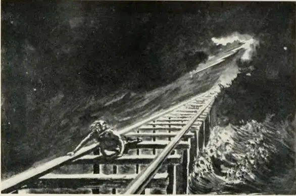 “Kate Shelly Crossing the Railroad Bridge to Save a Train,” from Benjamin F. Gue’s History of Iowa, 1903 (an artist’s version)