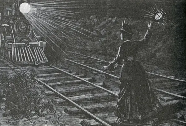 Kate Shelley flagging the express, a 19th-century newspaper engraving (the legend, an artist’s version)