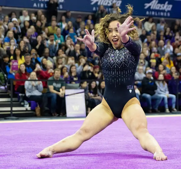 Katelyn Ohashi in her floor routine for UCLA at Washington, Seattle, February 10, 2019, a meet where she scored a perfect 10 (cropped; not the January 2019 routine in Anaheim)