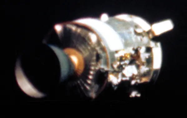 The damaged Apollo 13 service module, photographed by the crew after it was jettisoned, April 17, 1970