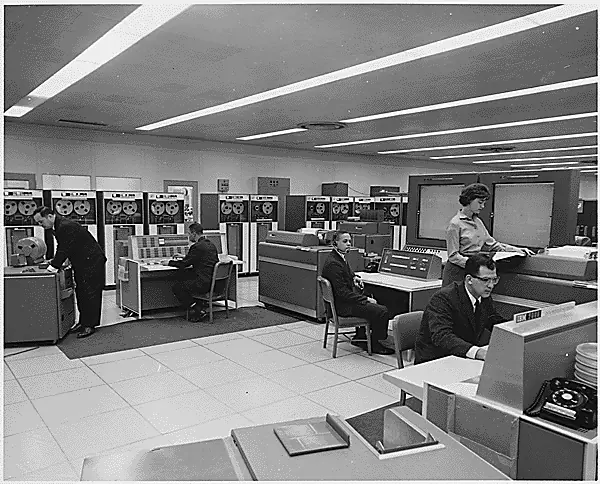 NASA’s computer room with two IBM 7090s, around the time of John Glenn’s flight, 1962