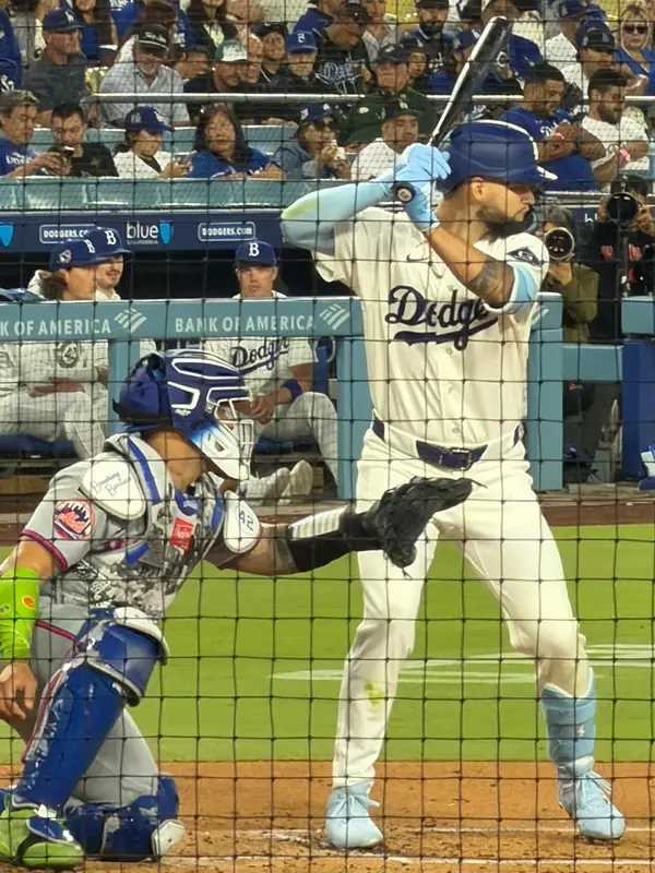 Andy Pages batting at Dodger Stadium, Los Angeles, April 15, 2026 (a regular-season game, not the World Series)