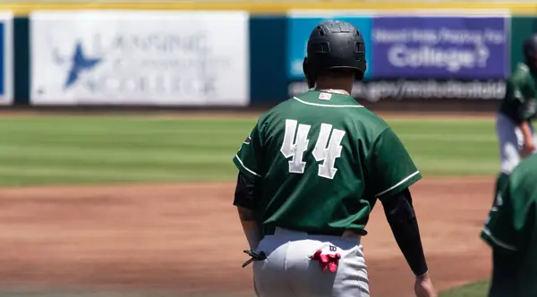 Andy Pages (no. 44, Great Lakes Loons) seen from behind in the minor leagues, Lansing, May 30, 2021 (not the World Series)