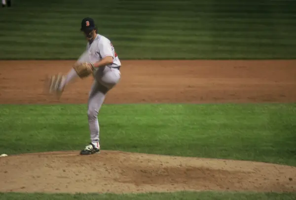 Dennis Eckersley’s leg kick, pitching for Boston at Tiger Stadium, April 21, 1998 (not the 1988 World Series)