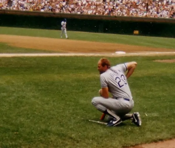 Kirk Gibson (No. 23) in a Dodgers road uniform at an away game, about 1988, a fan’s snapshot (not the World Series)